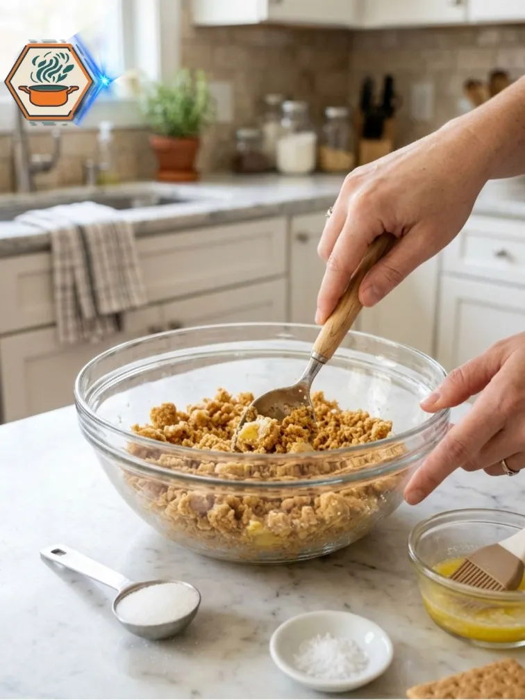 Graham cracker crumbs mixed with melted butter for pineapple dessert crust
