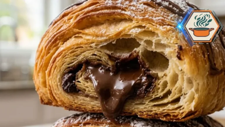 Stack of buttery chocolate croissants with melted chocolate.