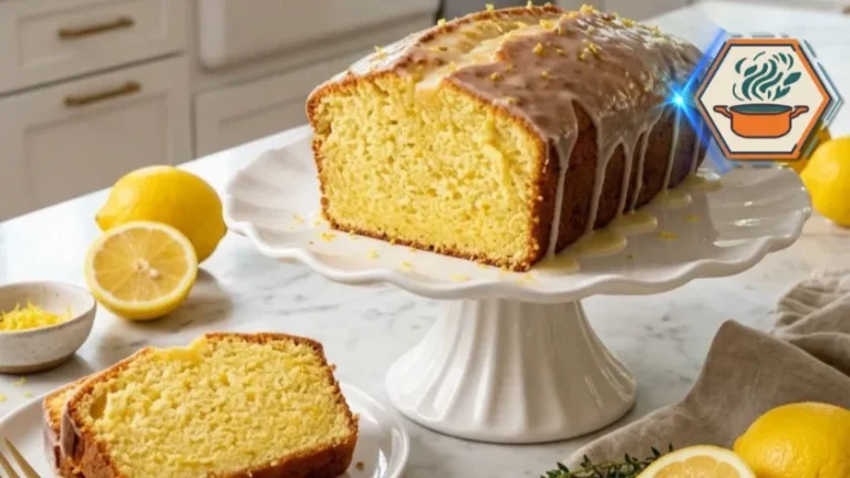 Fresh homemade Four-Ingredient Lemon Loaf served on a white cake stand with lemon glaze.
