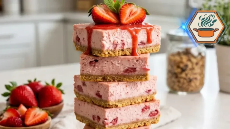 Easy Two Ingredient Strawberry Cheesecake Bars Recipe 6 Fresh strawberry cheesecake bars in modern American kitchen