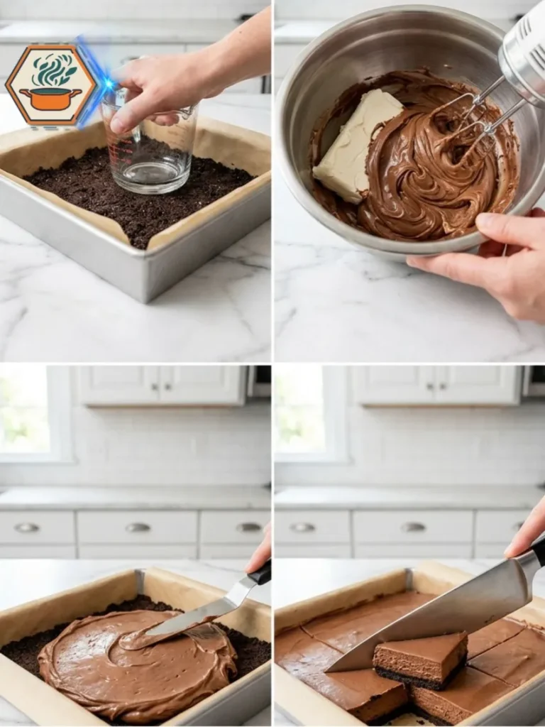 Step-by-step Two-Ingredient Chocolate Cheesecake Bars Step-by-step process for making chocolate cheesecake bars