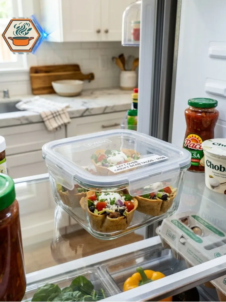 Storing leftover bean taco cups.