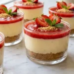 Mini strawberry cheesecakes in cups with fresh strawberries on white marble in an American kitchen