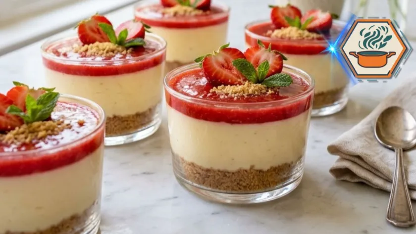 Mini Strawberry Cheesecakes in Cups (Easy No-Bake Recipe) 2 Mini strawberry cheesecakes in cups with fresh strawberries on white marble in an American kitchen