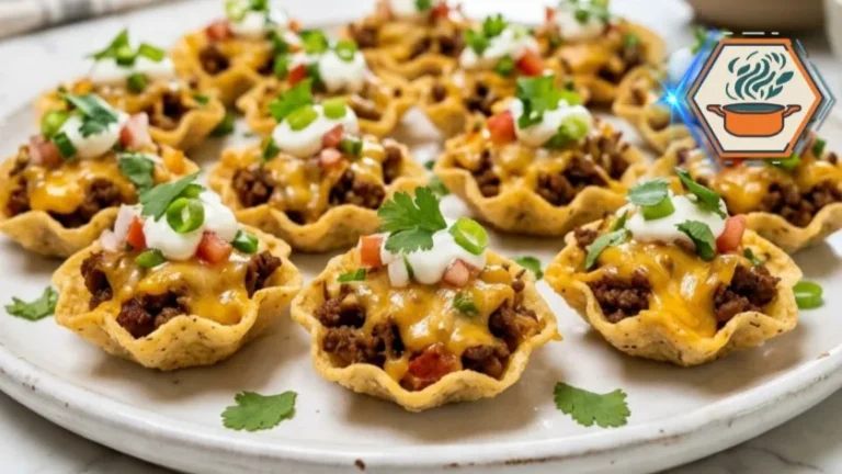 Mini taco bites in scoop tortilla chips with seasoned beef and melted cheese