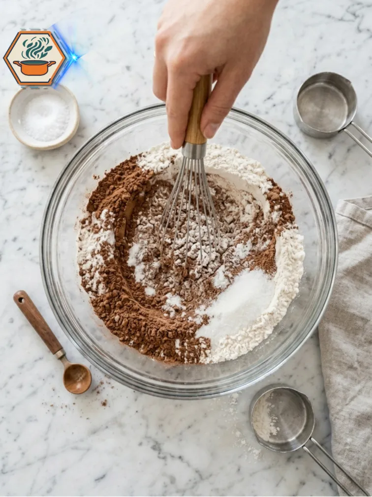 Mixing dry ingredients for red velvet cupcakes