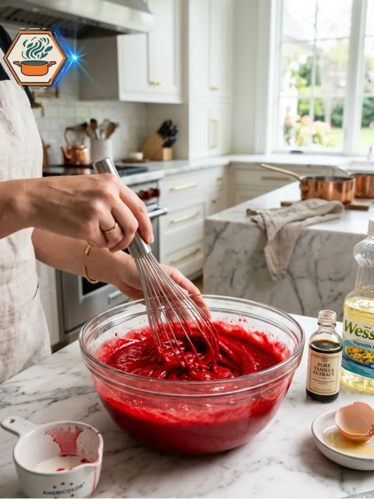 Mixing wet ingredients for red velvet cupcakes
