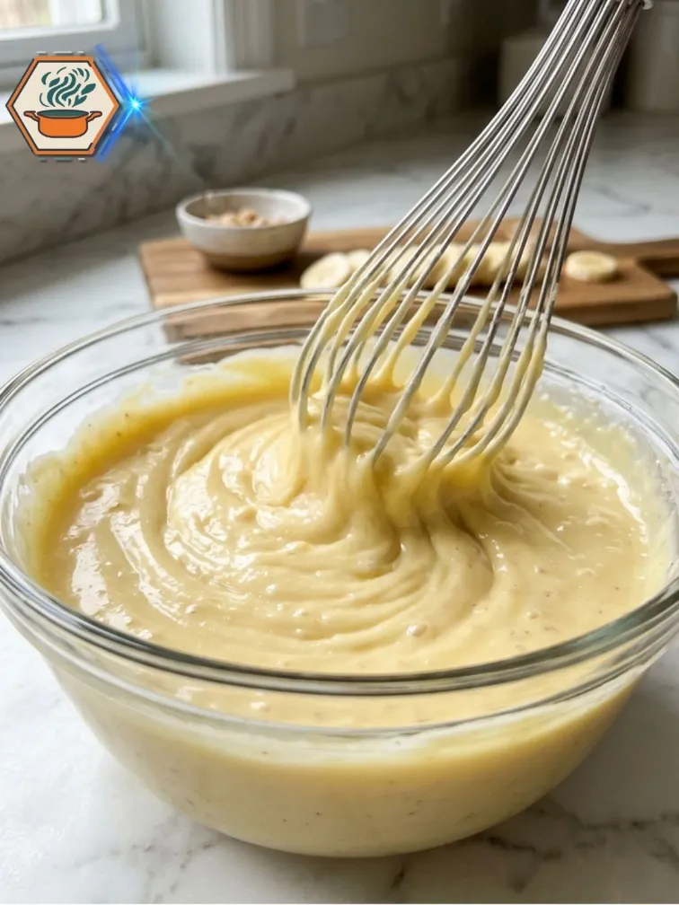 step-image mixing-pudding banana-dessert Banana pudding mixture being whisked in a glass bowl
