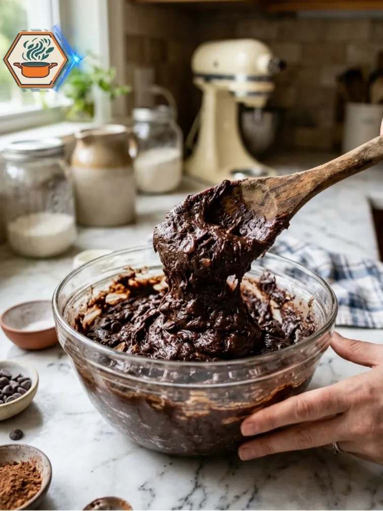 Two-Ingredient Brownie Cookies 9 Thick brownie cookie dough being mixed in a glass bowl
