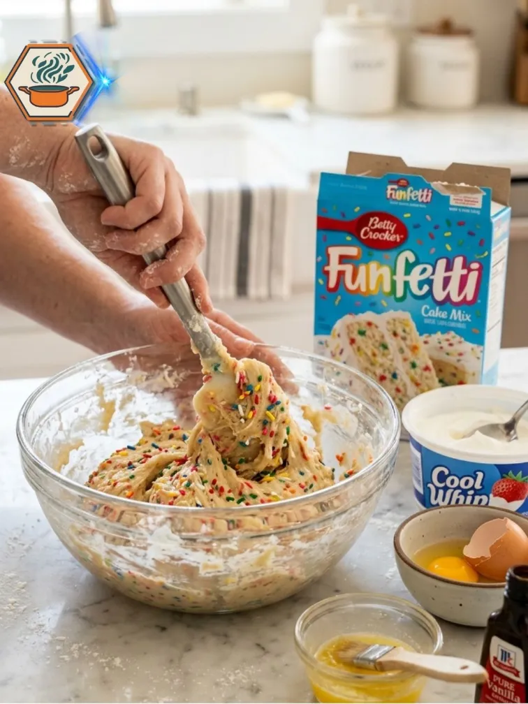 Sticky Funfetti cookie dough mixed in a glass bowl