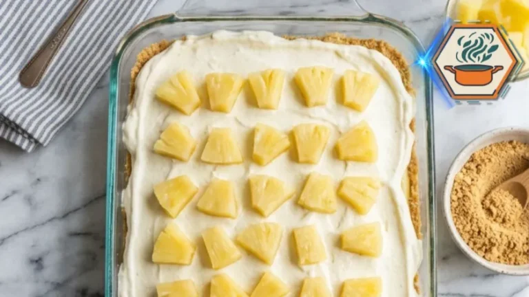 No-Bake Pineapple Cream Dessert in a 9x13 dish with pineapple topping