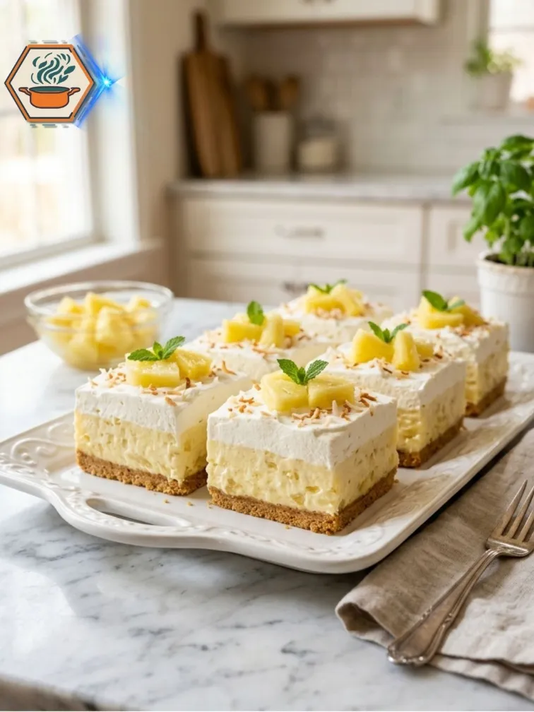 No-Bake Pineapple Cream Dessert squares ready to serve