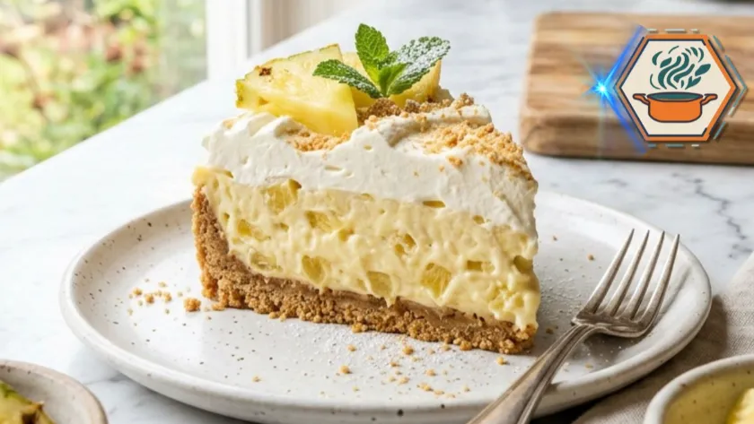 No-Bake Pineapple Cream Dessert slice with pineapple chunks and whipped topping on white marble