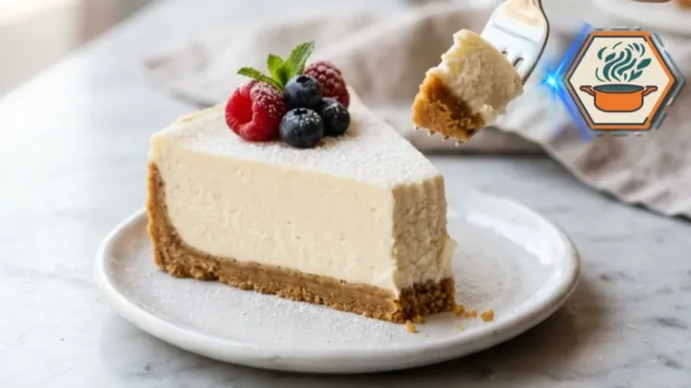 Close-up of creamy no-bake cheesecake slice.