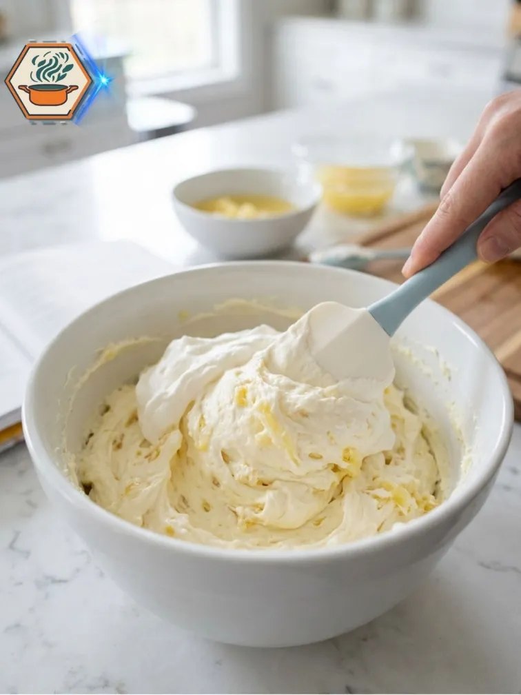 Pineapple cream filling being folded with whipped topping