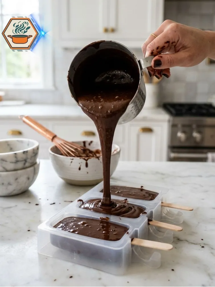 Two-Ingredient Fudge Pops: The Easy Frozen Chocolate Treat Everyone Loves 8 Pouring chocolate mixture into popsicle molds