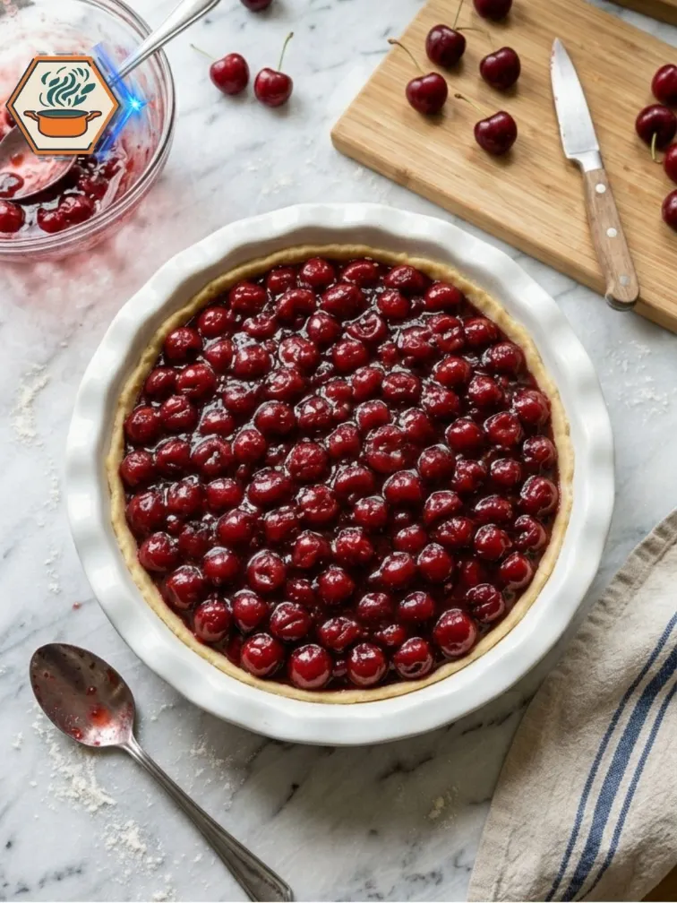 Cherry Filling Layer Cherry pie filling spread in baking dish