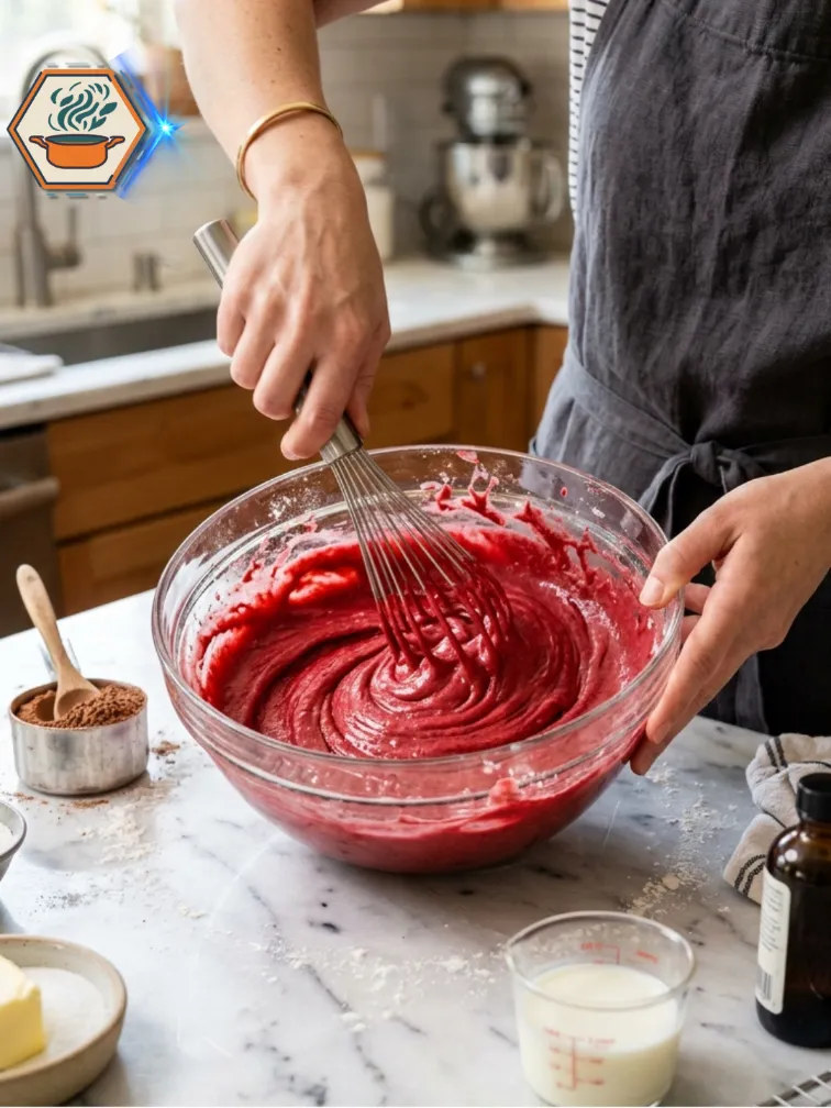 Red velvet cupcake batter ready for baking