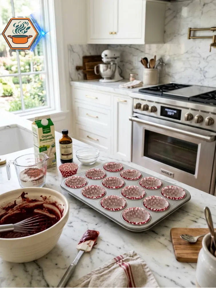 Preparing muffin tin for red velvet cupcakes