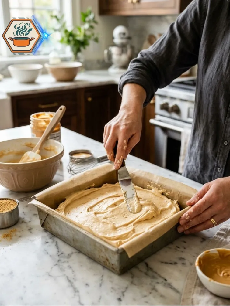 Preparing Cheesecake Filling Spreading peanut butter cheesecake filling
