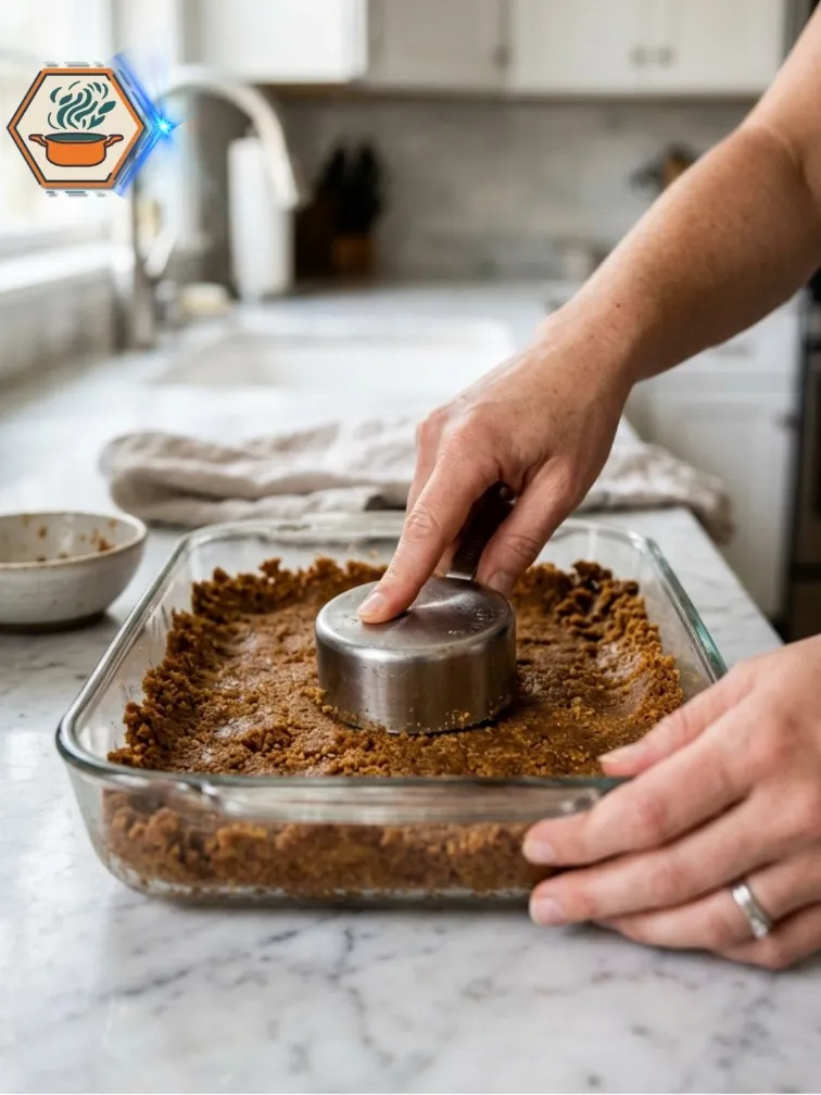 Pressing graham cracker crust into baking dish.