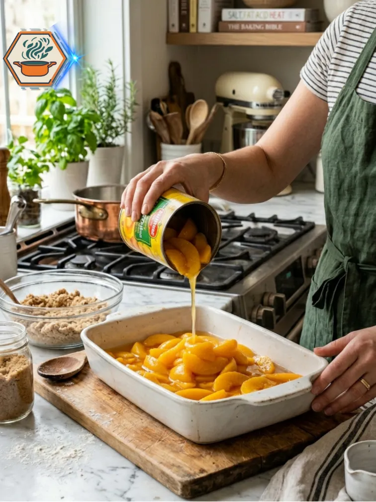 How to prepare peach cobbler Pouring peaches into baking dish