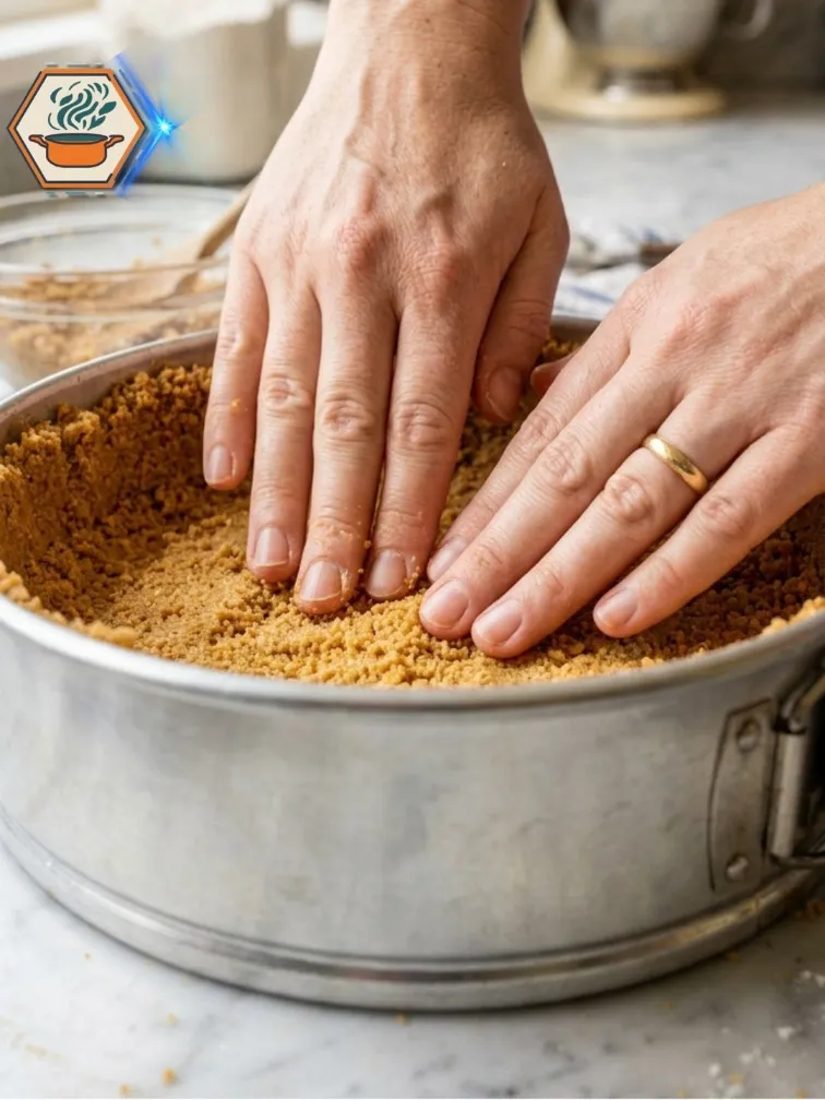 Pressing graham cracker crust into springform pan