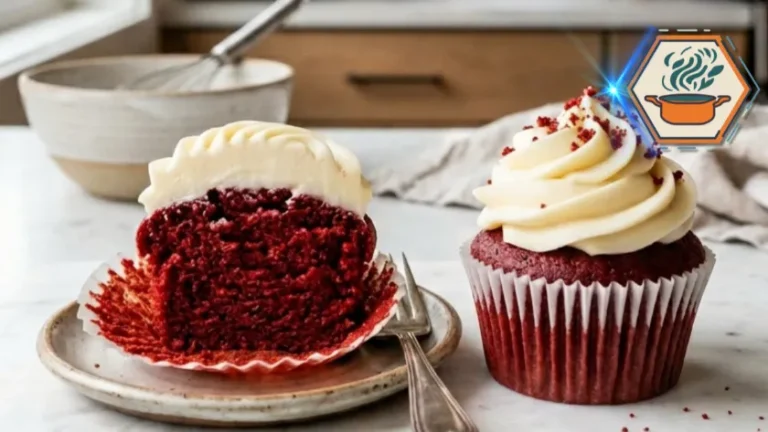 Red velvet cupcake cut in half with cream cheese frosting