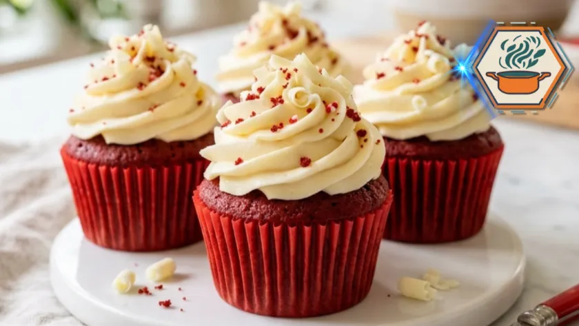 Red velvet cupcakes with cream cheese frosting on white marble countertop