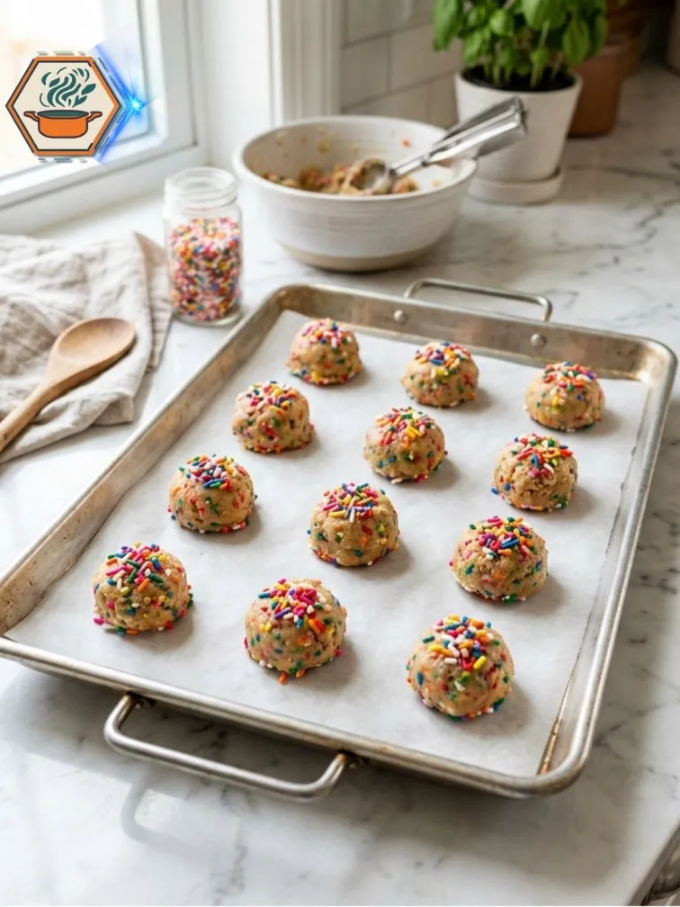 Funfetti cookie dough balls on parchment-lined baking sheet