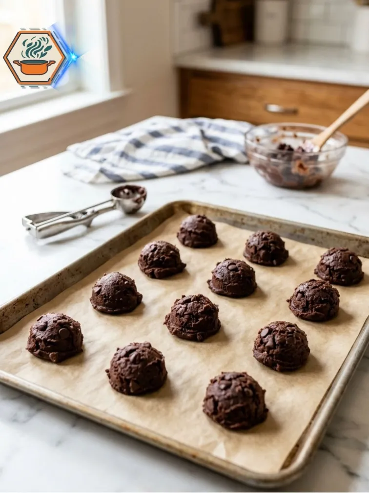 Two-Ingredient Brownie Cookies 10 Brownie cookie dough scooped onto parchment-lined baking sheet