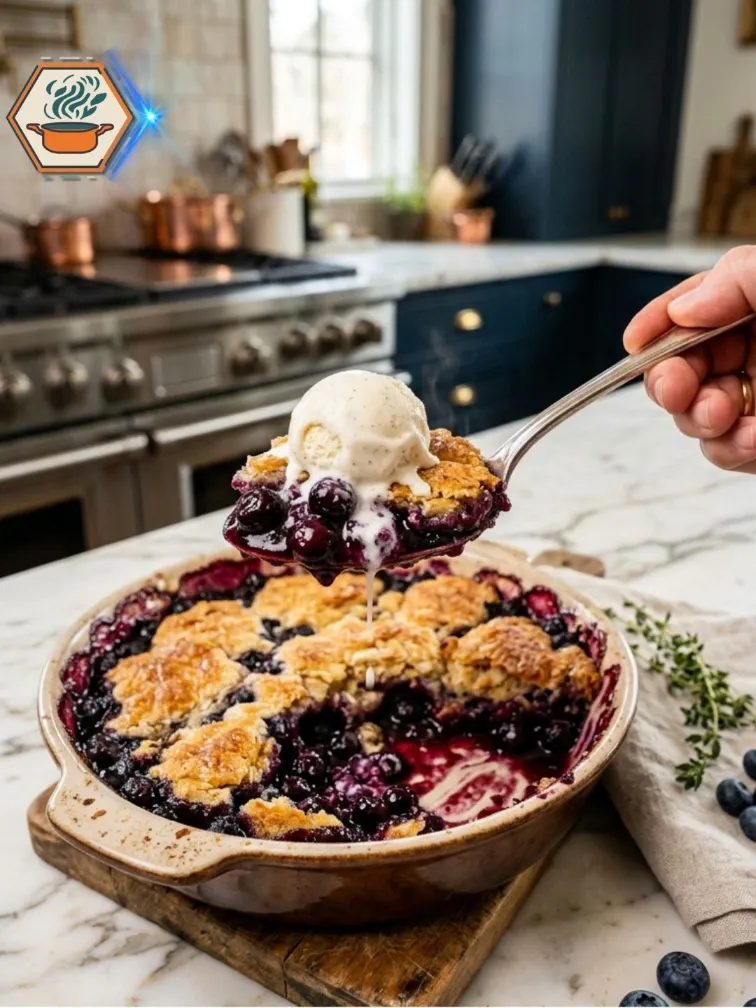 Serving homemade blueberry cobbler
