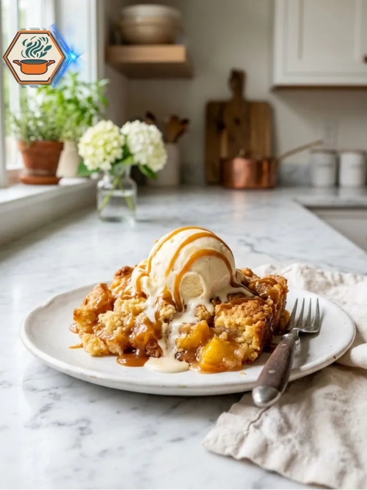 Serving of Two-Ingredient Peach Dump Cake with vanilla ice cream