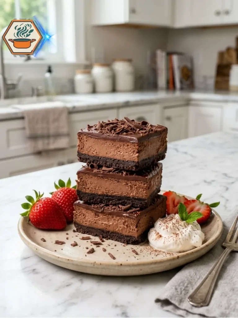 Served Two-Ingredient Chocolate Cheesecake Bars with toppings Plated Two-Ingredient Chocolate Cheesecake Bars with toppings
