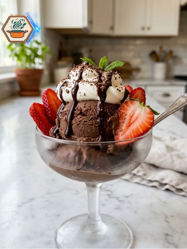 Served Two-Ingredient Chocolate Ice Cream with toppings.