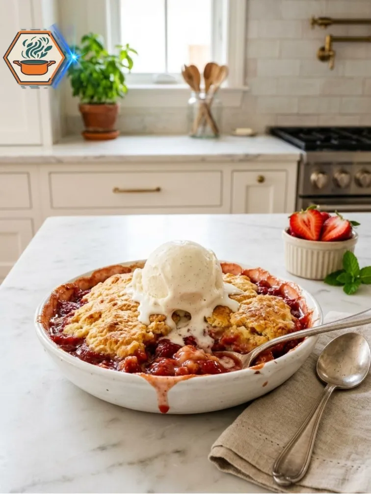 Strawberry shortcake bake with vanilla ice cream