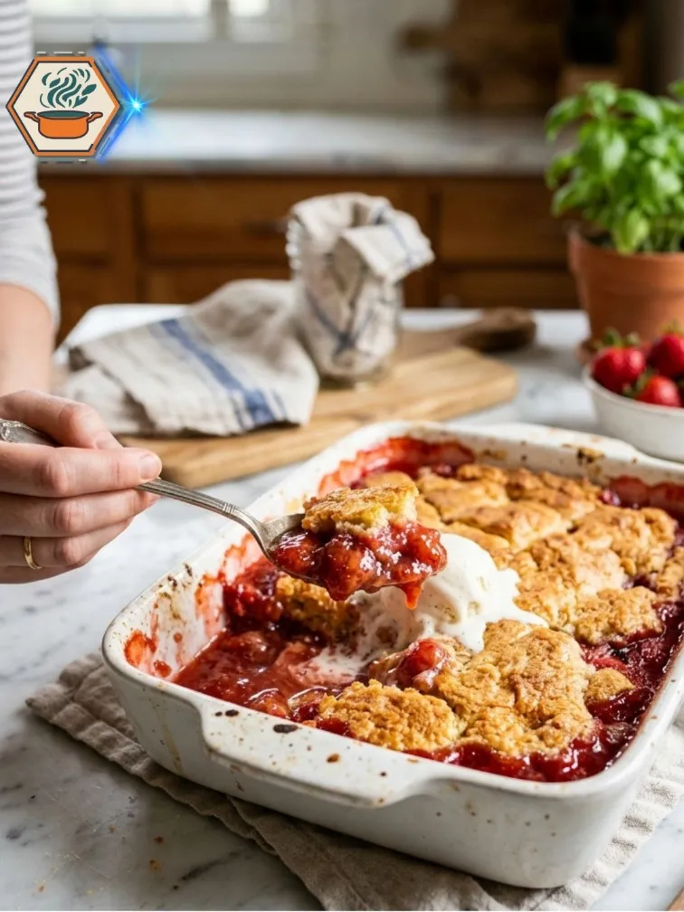 Two-Ingredient Strawberry Cobbler 5 Warm Two-Ingredient Strawberry Cobbler served with vanilla ice cream.