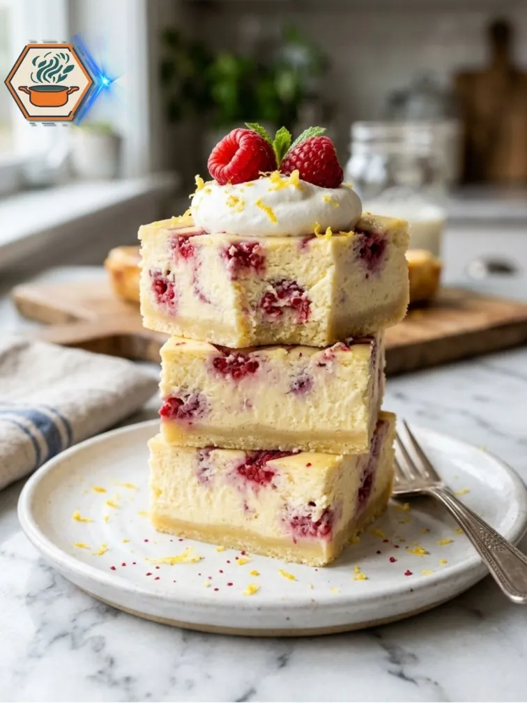 Two-Ingredient Lemon Raspberry Cheesecake Bars 9 Sliced Two-Ingredient Lemon Raspberry Cheesecake Bars with raspberries
