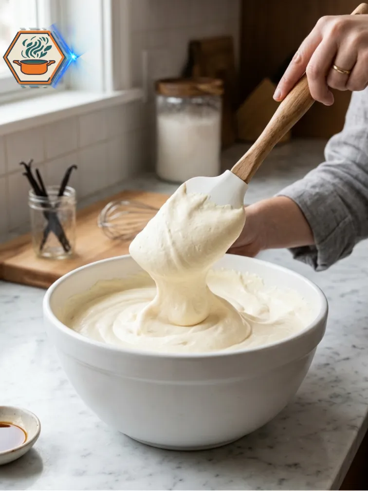 Smooth Cheesecake Filling for Mini Cups Smooth cheesecake filling in a mixing bowl for mini strawberry cheesecake cups