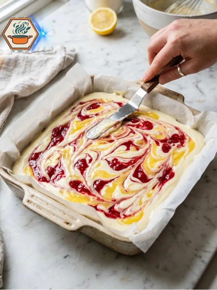 Two-Ingredient Lemon Raspberry Cheesecake Bars 8 Cheesecake filling spread into a parchment-lined baking dish