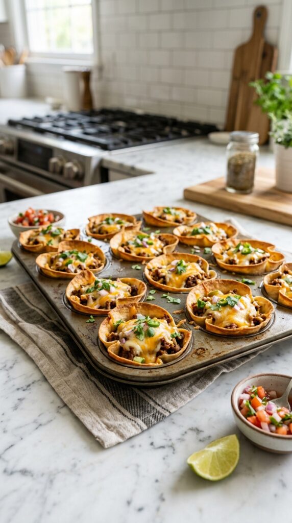 Perfectly Baked Taco Cups Freshly baked taco cups in muffin pan