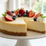 Three-Ingredient Cheesecake served on a cake stand with fresh berries