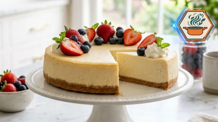 Three-Ingredient Cheesecake served on a cake stand with fresh berries