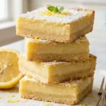 Three-Ingredient Lemon Bars served on a white plate with powdered sugar and fresh lemons.
