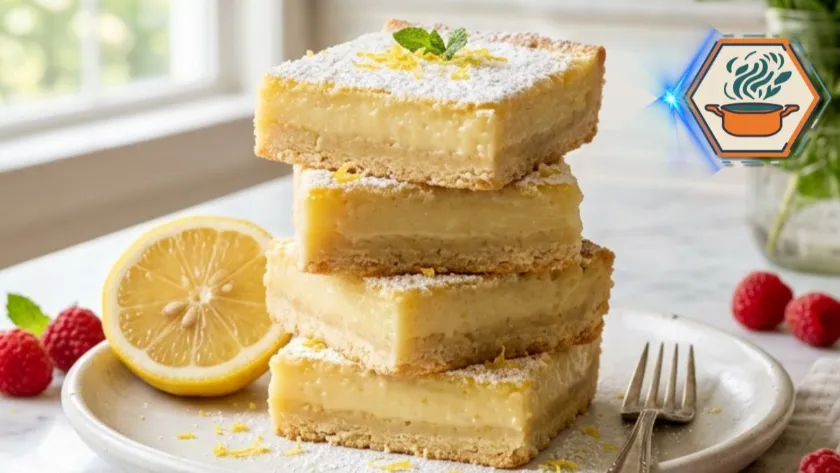 Three-Ingredient Lemon Bars served on a white plate with powdered sugar and fresh lemons.