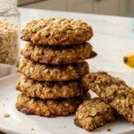 Two-Ingredient Banana Oat Cookies on a white plate with ripe bananas in a modern white marble kitchen.