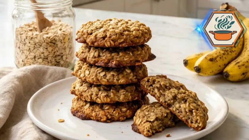 Two-Ingredient Banana Oat Cookies on a white plate with ripe bananas in a modern white marble kitchen.