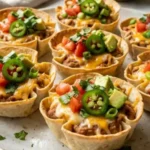 Two-Ingredient Bean Taco Cups served with melted cheddar cheese and fresh toppings.