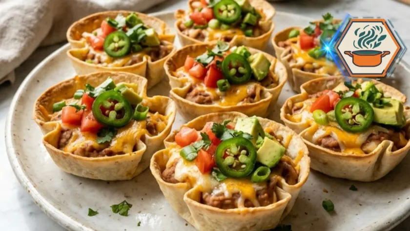Two-Ingredient Bean Taco Cups served with melted cheddar cheese and fresh toppings.