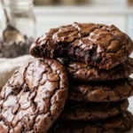 Two-Ingredient Brownie Cookies stacked on white marble in an American-style kitchen